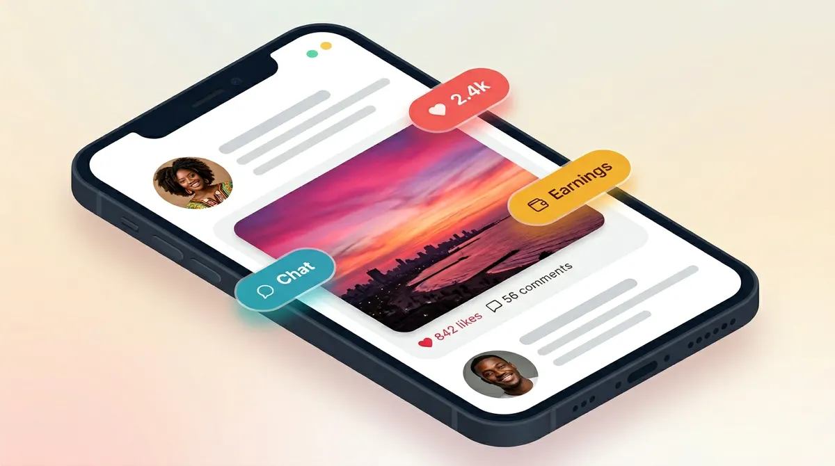 NaijaBook on a phone: community feed with people, chat, likes, and earnings